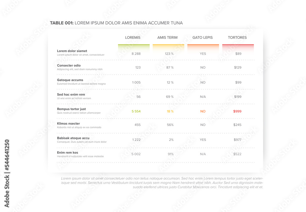 Simple flat color data table layout template