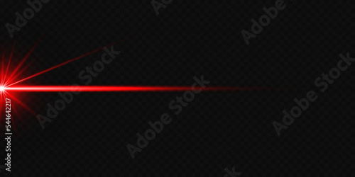Red neon line, star burst. Light lines. Blurred lens light effect on transparent background.