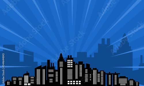 Comic blue background with city silhouette