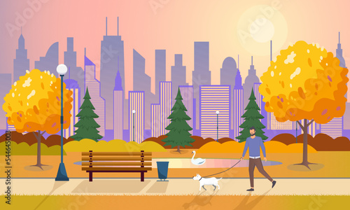 Autumn landscape of the city park. Evening walk with a pet, fallen leaves, yellow trees.