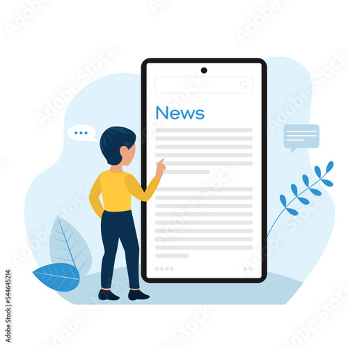 The boy looks at the news feed on the phone, frightened and surprised. Vector illustration