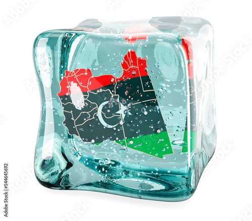 Libyan map frozen in ice cube  3D rendering