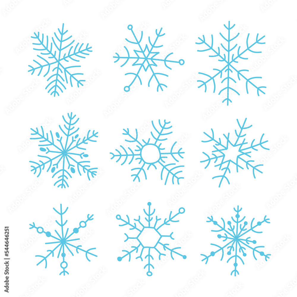 Blue snowflake simple hand drawn icons collection isolated on white background. New year, Christmas design elements, winter snow, frozen ice crystal, Xmas frost symbol