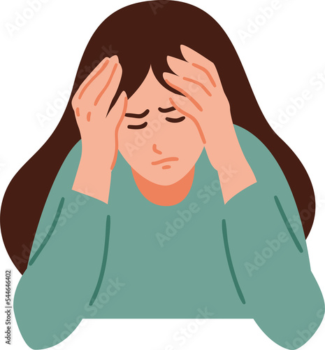 A woman is having a headache. Girl feels anxiety and depression. Psychological health concept. Nervous, apathy, sadness, sorrow, unhappy, desperate, migraine. Flat vector illustration. (ID: 544646402)