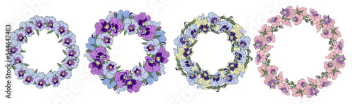 Elegant hand drawn floral wreaths set. Doodle pansy flower frames. Stock vector illustration.