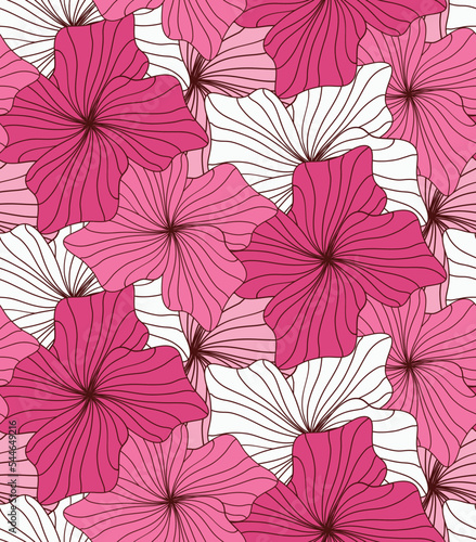 Abstract Hand Drawing Striped Line Drawing Hibiscus Flowers Seamless Tropical Vector Pattern Isolated Background