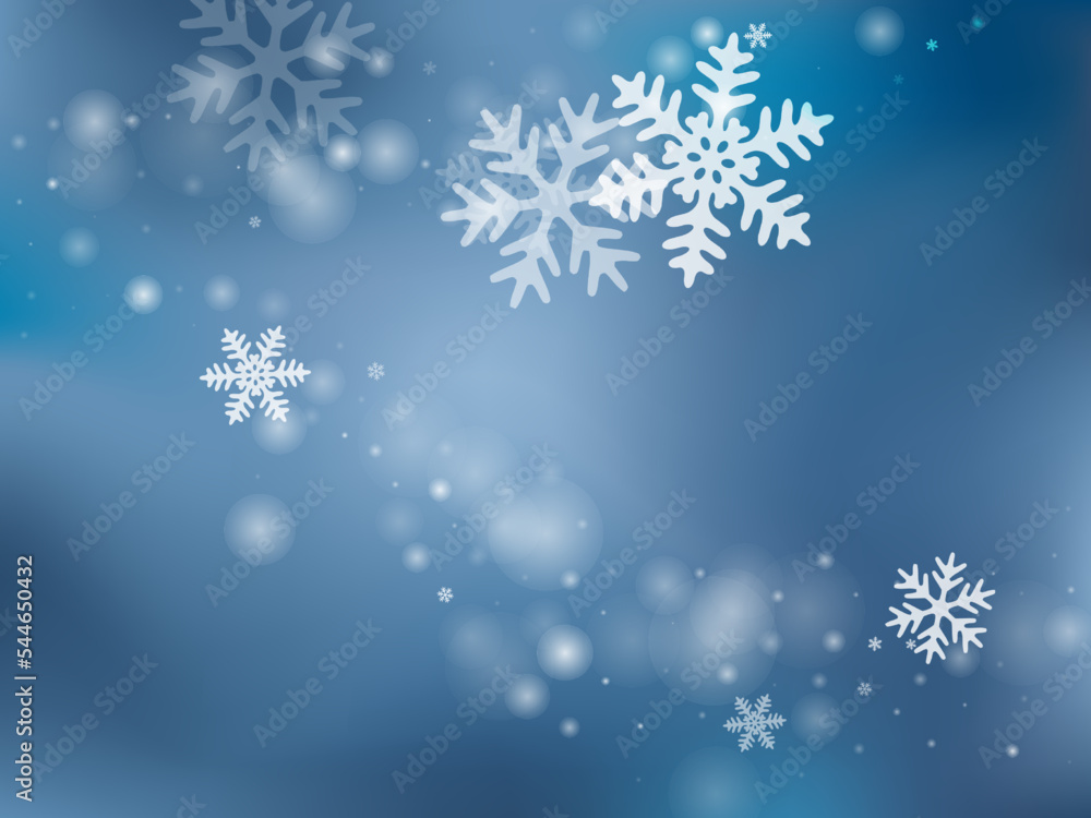 Fantasy flying snow flakes composition. Snowstorm speck ice elements. Snowfall sky white teal blue illustration. Blurred snowflakes december theme. Snow hurricane landscape.