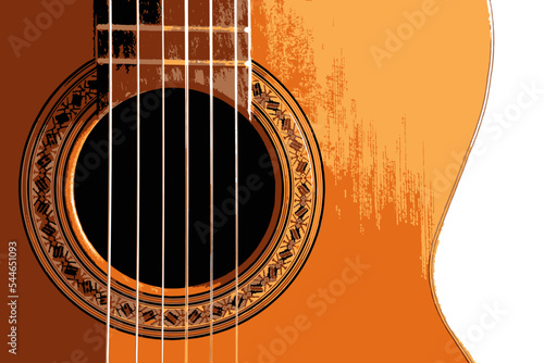 Plano cerrado de guitarra española o acustica. Fondo musical.