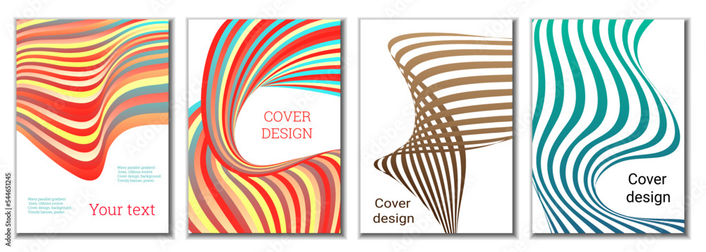 A set of 4 abstract covers. Wavy parallel gradient lines, ribbons evolve. Cover design, background. Trendy banner, poster. A set of 4 abstract covers. Wavy parallel gradient lines, ribbons evolve. Cover design, background. Trendy banner, poster.