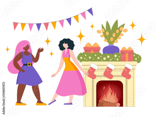 Wallpaper Mural Vector, flat illustration. The girls are dancing at the party. Fun, decorations, confetti. Christmas, new year. Torontodigital.ca