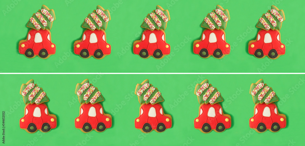 Fototapeta premium Christmas banner. Christmas gingerbread in the shape of a car with fir on the green background. Pattern.