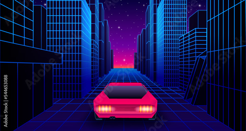 Neon car in 80s synthwave style racing throug the city street. Retrowave auto illustration with shiny neon car on the grid landscape road in 90s arcade game style.