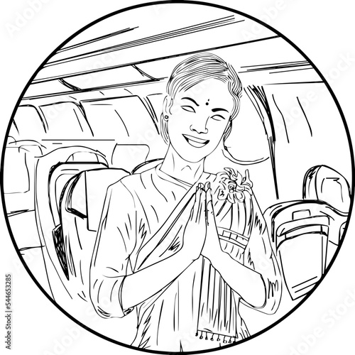 Indian aviation hospitality and travel logo, stewardess vector illustration, Indian air hostesses doing namaste, air hostesses in uniform clip art, and symbol photo