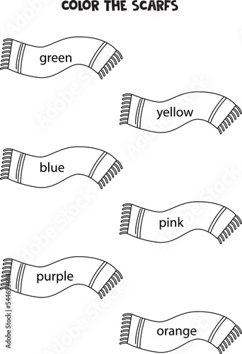 Read names of colors and color scarfs. Educational worksheet.