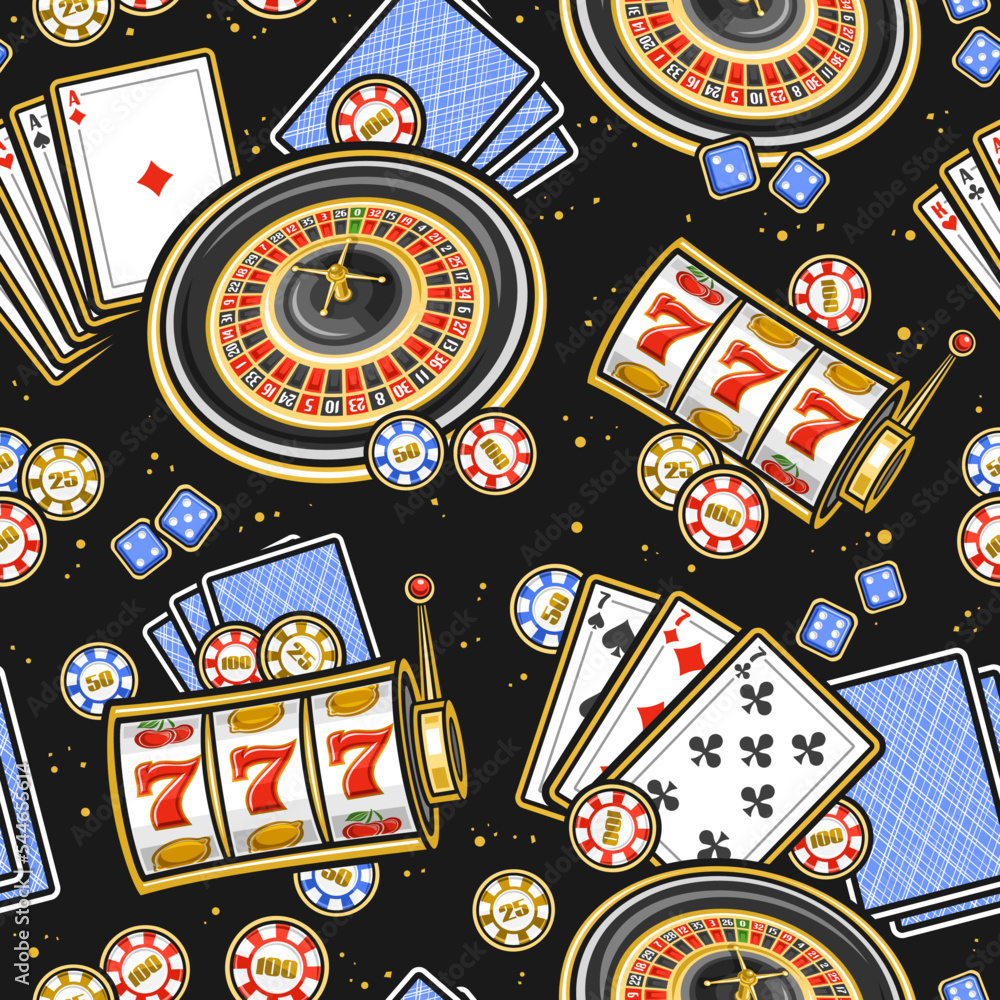 Vector seamless pattern for Casino, square repeating background with illustration of european roulette wheel, colorful casino coins, blue gambling cubes on dark background, wrapping paper for casino