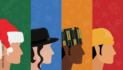 Christmas, Hanukkah, Kwanzaa, Chinese New Year men together celebrating winter holidays