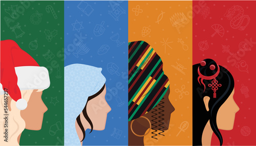 Christmas, Hanukkah, Kwanzaa, Chinese New Year women together celebrating winter holidays