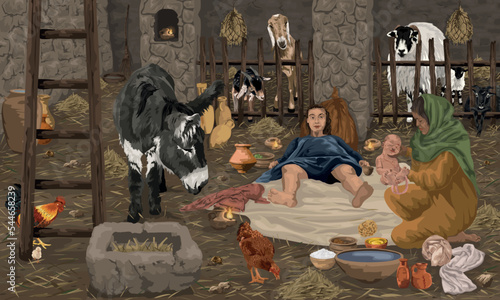 Christmas Story - Mary after giving birth to her firstborn son, Jesus Christ, in lower part of house, amongst the animals - Luke 2.
