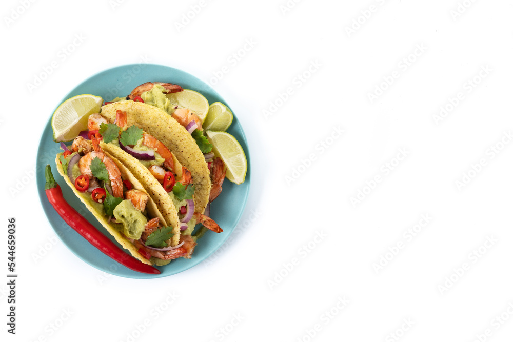 Mexican tacos with shrimp,guacamole and vegetables isolated on white background. Top view. Copy space