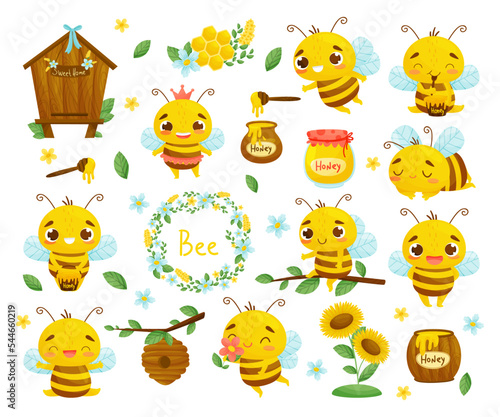 Cute Little Bee with Striped Body with Sweet Honey and Honeycomb Big Vector Set