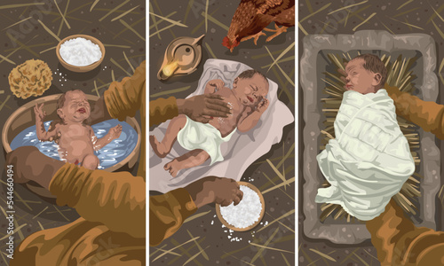 Christmas Story - The baby Jesus being washed, rubbed with salt, and wrapped in swaddling cloths and placed in manger, depicting Luke 2 and what happened to newborns in Ezekiel 16.
