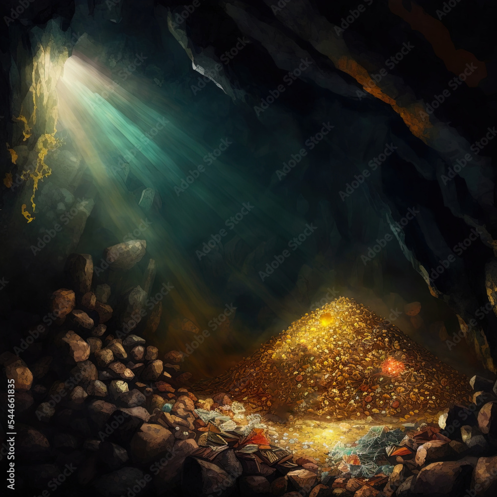 A secret cave filled with gold, gems and other treasures. Stock Illustration Adobe Stock