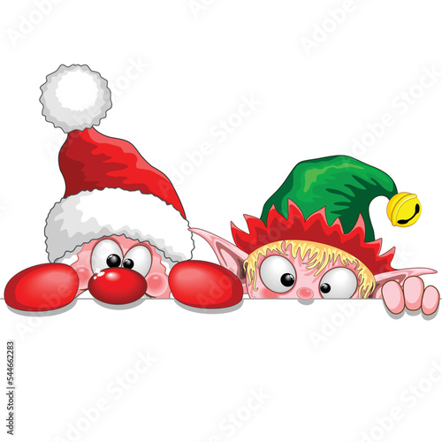 Santa and Elf Cute and funny Christmas Cartoon Characters peeking from behind a panel vector illustration isolated on white