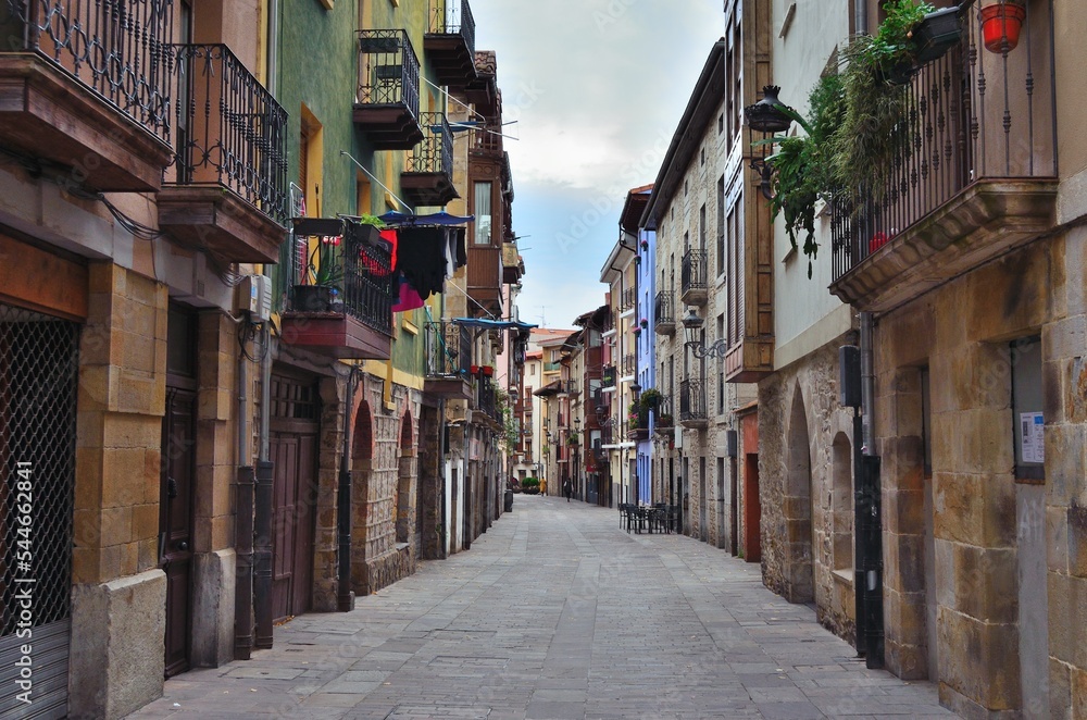 Calle del municipio de Balmaseda vacía con casas de piedra, casas de colores y plantas en los balcones