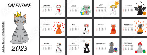 Year of the Cat. Wall calendar for 2023 with cute flat style cats. Different cats for each month. Set of 12 pages. Vector illustration.