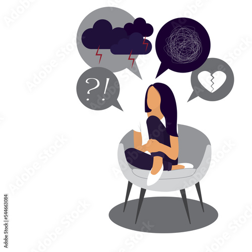 Depressed sad woman thinking over problems. Bankruptcy, loss, crisis, burnout syndrome, relationship trouble concept. Flat. Vector illustration on white background