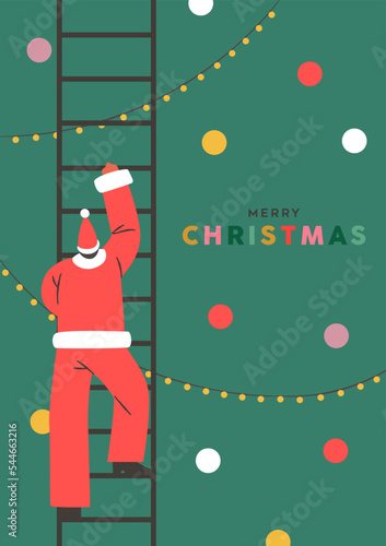 Santa Claus climbing the christmas tree greeting card illustration