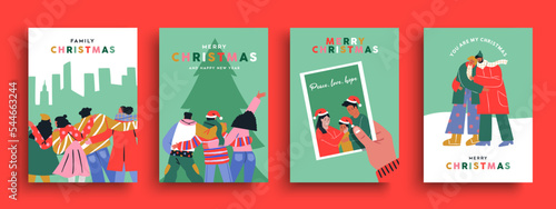 Merry Christmas card set of happy holiday people