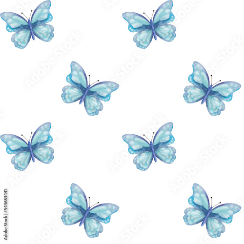Watercolor seamless pattern from hand painted illustration of blue butterflies with spread wings. Flying insect moth. Simple tender print on white background for fabric textile, wallpaper, postcards © Olga Sidelnikova