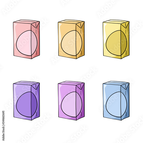 A set of colored icons, Rectangular packaging of milk, juice, copy space, vector cartoon