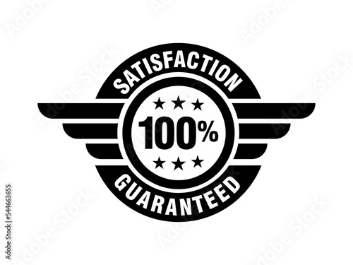 100% satisfaction guaranteed circle badge with wings, minimal style simple design black and white color