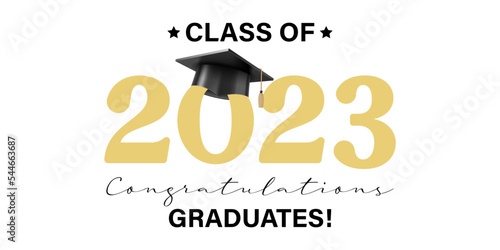 Vector illustration. Class of 2023 badge design template in black and gold colors. Congratulations graduates 2023 banner sticker card with academic hat for high school or college graduation