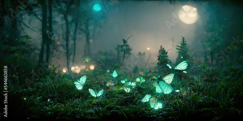 colorful fantasy forest foliage at night, glowing flowers and beautifuly butterflies as magical fairies, bioluminescent fauna as wallpaper background photo