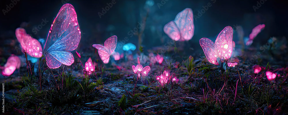 Fototapeta premium colorful fantasy forest foliage at night, glowing flowers and beautifuly butterflies as magical fairies, bioluminescent fauna as wallpaper background