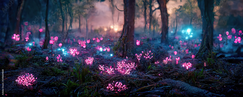 colorful fantasy forest foliage at night, glowing flowers and ...