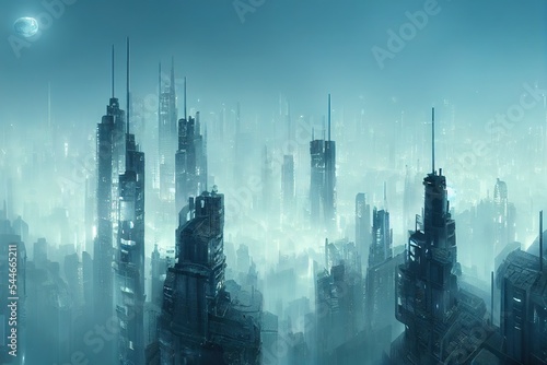 Fotografie, Tablou Space colony towers panorama illustration of dark futuristic city shrouded in mi