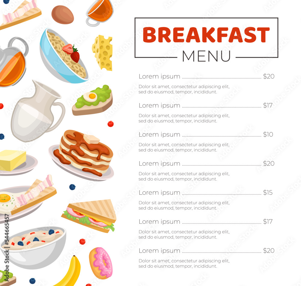Breakfast menu template. Restaurant or cafe menu layout brochure decorated with tasty breakfast dishes cartoon vector Breakfast menu template. Restaurant or cafe menu layout brochure decorated with tasty breakfast dishes cartoon vector