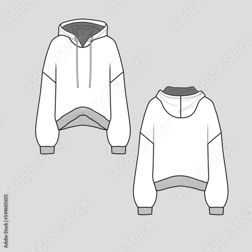 Hoodie Drop Shoulder Ribbed Sweatshirt drawstring Long Sleeve cuff rib high low hem autumn winter fashion  flat sketch template drawing