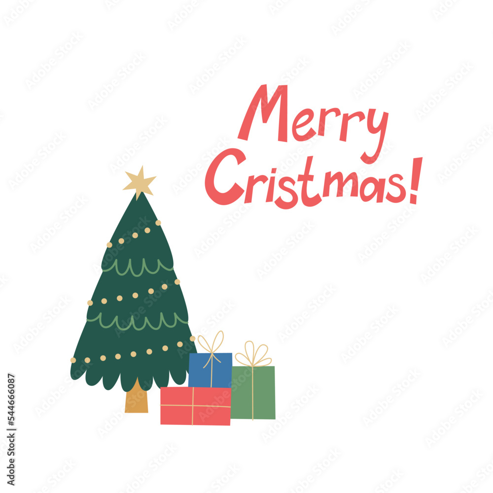 Christmas card design with Christmas tree and presents. Winter holiday design for postcards, paper prints, web banners. Christmas card design with Christmas tree and presents. Winter holiday design for postcards, paper prints, web banners.