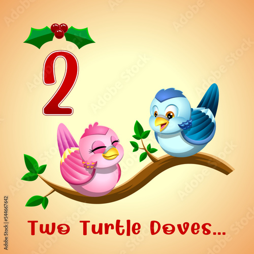 The 12 Days Of Christmas - 2-Nd Day - Two Turtle Doves. Vector Hand Drawn Illustration With Background And Text