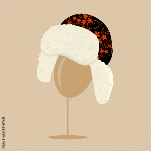 Sheep’s fur cap with ear flaps and floral pattern on the stand. Cartoon vector illustration.