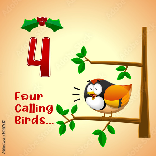 The 12 Days Of Christmas - 4-Th Day - Four Calling Birds. Vector Hand Drawn Illustration With Background And Text