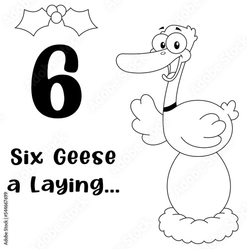 Outlined The 12 Days Of Christmas - 6Th Day - Six Geese A Laying. Vector Hand Drawn Illustration Isolated On White Background With Text