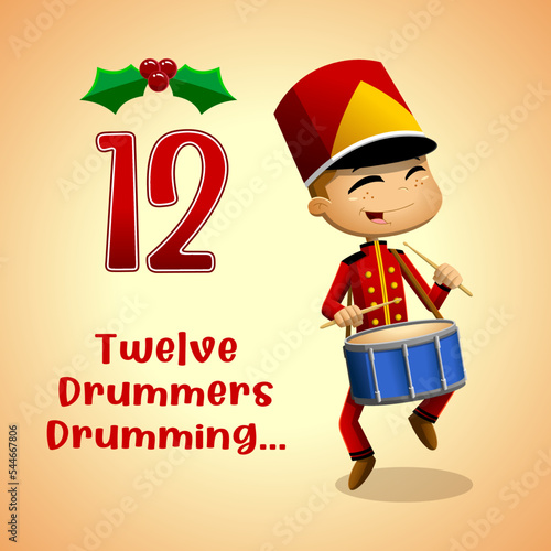 The 12 Days Of Christmas - 12Th Day - Twelve Drummers Drumming. Vector Hand Drawn Illustration With Background And Text