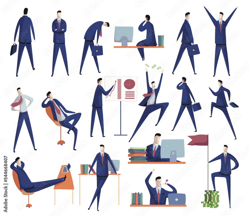 Business Man Character in Formal Suit Busy with Different Daily Routine Big Vector Set Business Man Character in Formal Suit Busy with Different Daily Routine Big Vector Set