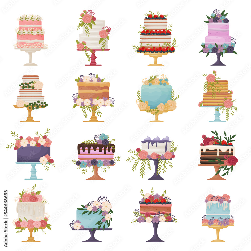 Tiered Cakes as Wedding and Birthday Dessert Decorated with Lush Flowers Big Vector Set - obrazy, fototapety, plakaty 